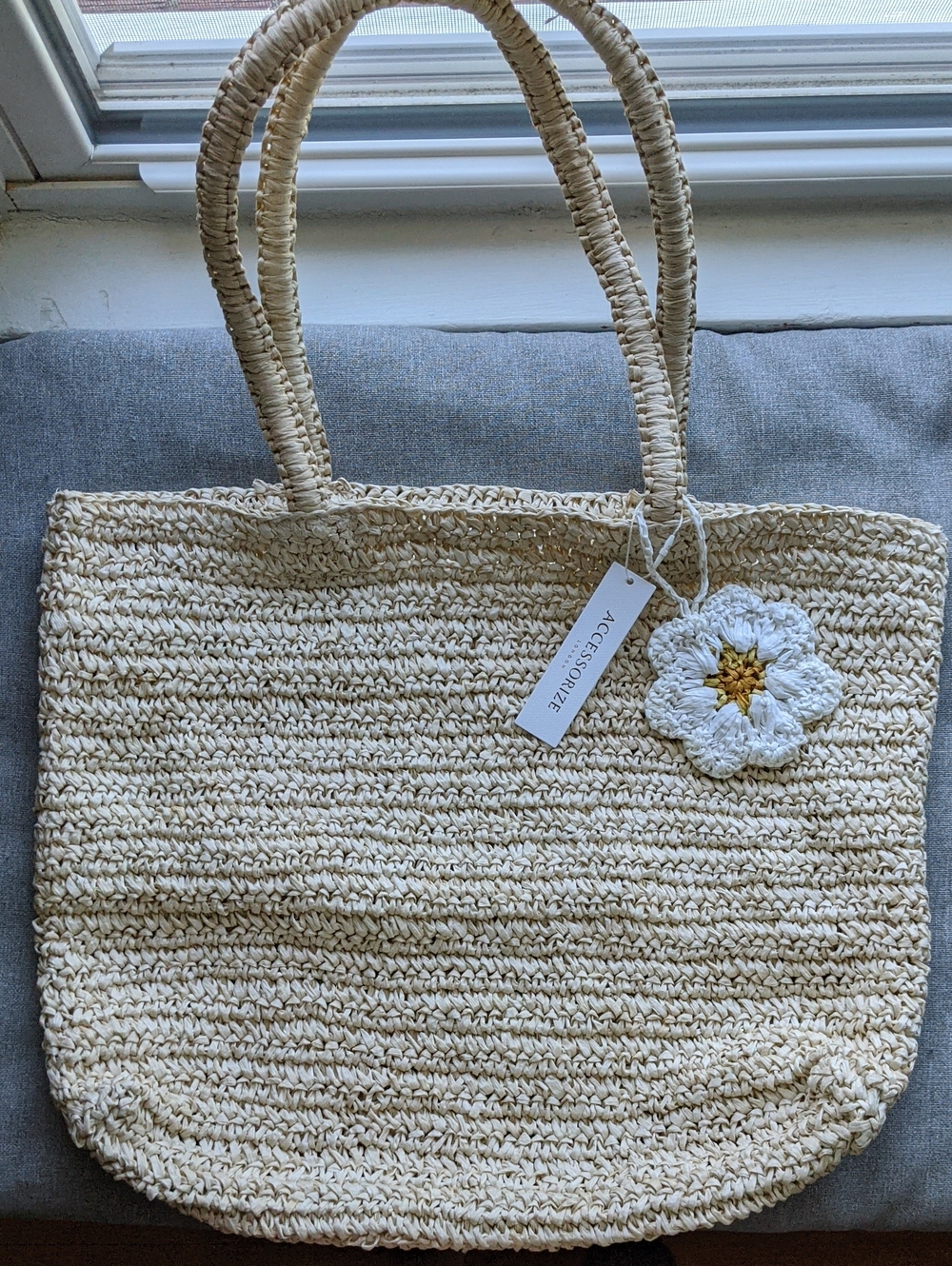 Accessorize Cream Crochet Tote with White Daisy Accent